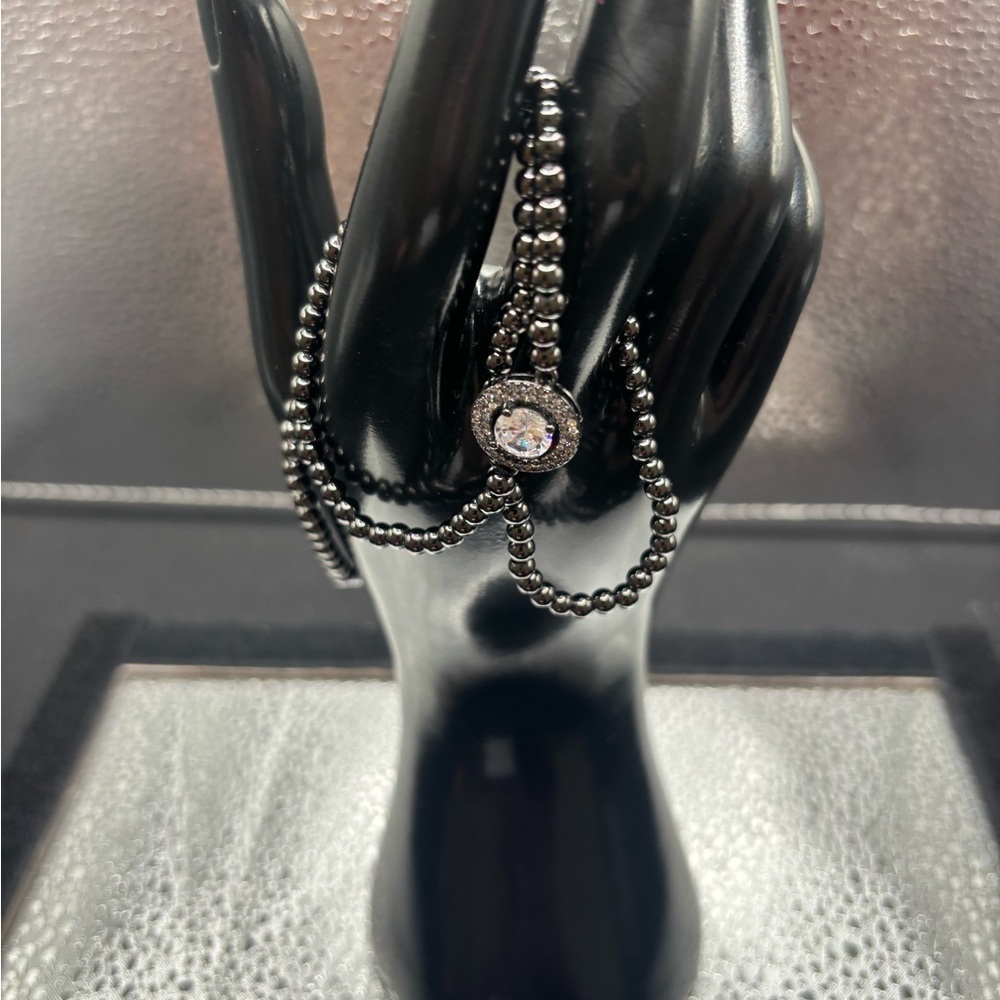 Elegant 3 Black Beaded Stretchy Bracelet with Crystal Accent